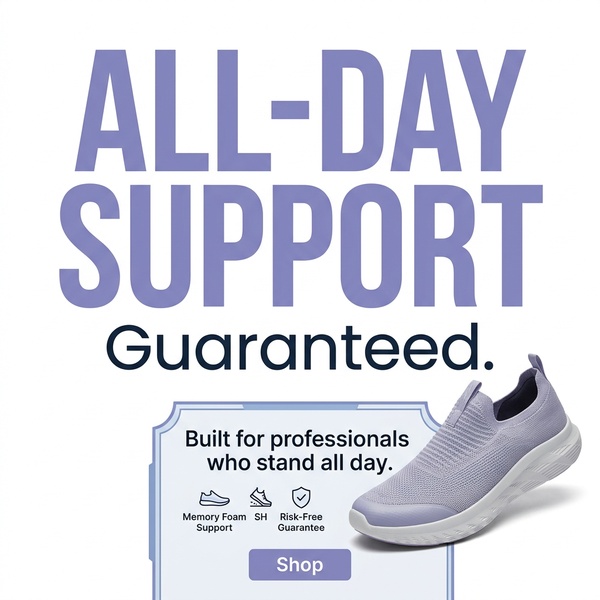 athletic shoes, sneakers, running shoes, walking shoes, comfort shoes, work shoes, slip on shoes, brand awareness, product launch, minimalist, trustworthy, calm, purple, neutral